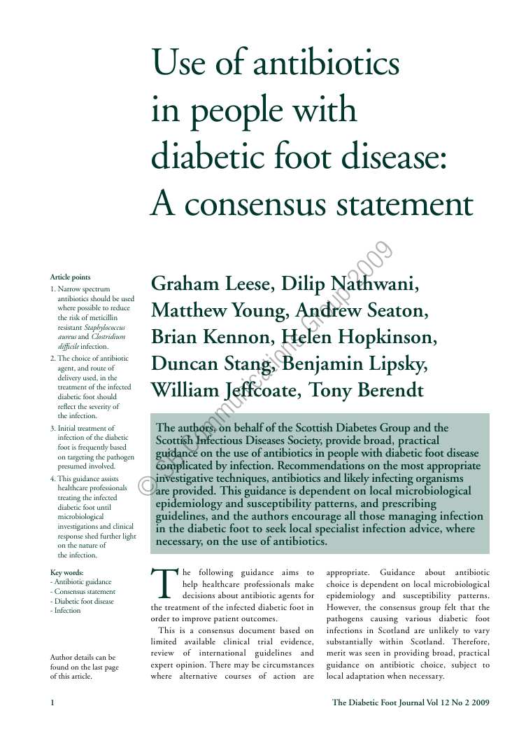 Use of antibiotics in people with diabetic foot disease: A consensus statement