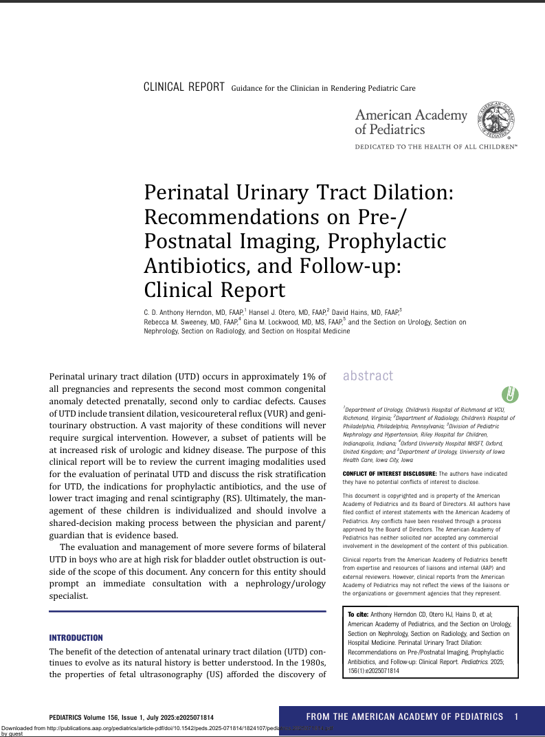 Perinatal Urinary Tract Dilation: Recommendations on Pre-/Postnatal Imaging, Prophylactic Antibiotics, and Follow-up: Clinical Report